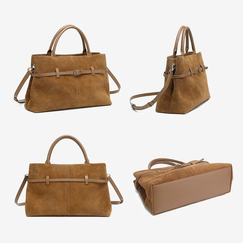 Oversized Suede Leather Briefcase Spacious Handheld Shoulder Crossbody Bag Women Slouchy Commuting Premium Light Luxury Handbag
