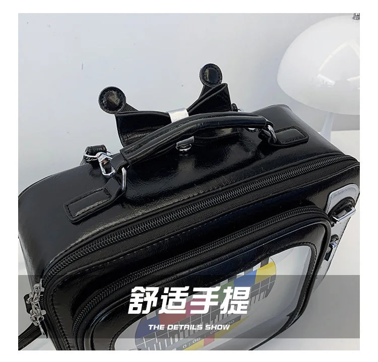 Cartoon Cute Handbags for Women Funny Retro TV Transparent Square Bag Fashion Leather Personalized Creative Shoulder Bag Woman