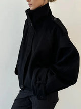 Fashion Short Woolen Coat Women Stand Collar Single-breast Full Sleeve Loose Pocket Jacket Female 2026 Autumn Solid Lady Outwear