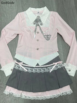 Spring Y2K Princess Outfits Women 2 Piece Sets Sweet Kawaii Bow Tops + Lace Pleated Skirt Female Retro Chic Preppy Style Clothes