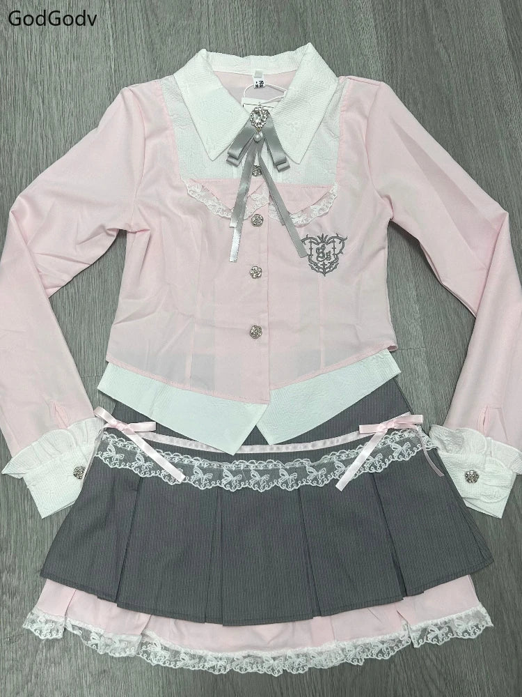 Spring Y2K Princess Outfits Women 2 Piece Sets Sweet Kawaii Bow Tops + Lace Pleated Skirt Female Retro Chic Preppy Style Clothes