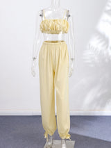 Women's Trousers 2 Pcs Suits Pleated Spaghetti Strap Cropped Tube Tops Elastic Waist Lace Up Pants Charming Ladies Partywear New
