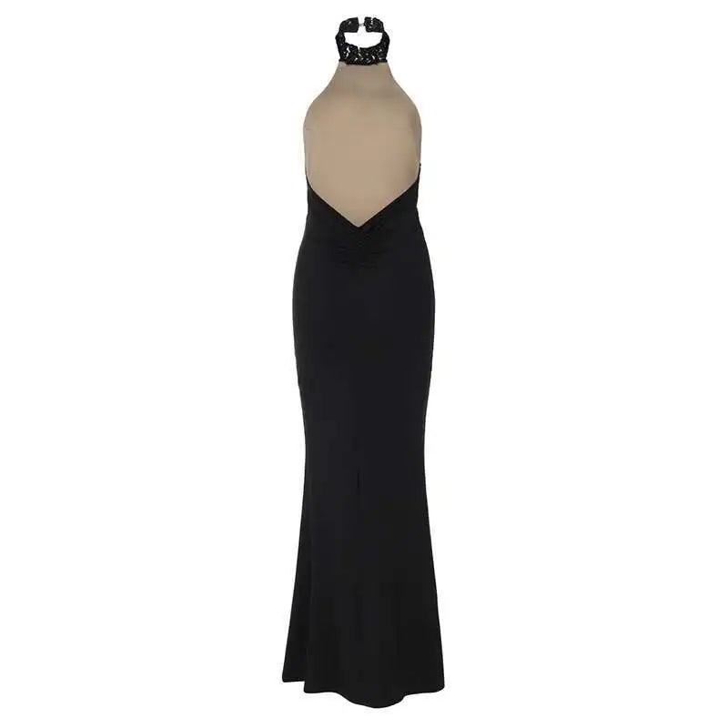 Lace Halter Backless Maxi Dress - Off-Shoulder Bodycon Party Gown
