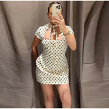 Fashion Polka Dot Mini Dress For Women Elegant Bow Tie Neck Short Sleeve Waist Slim Dress Lady 2026 Spring Summer Chic Vestidos