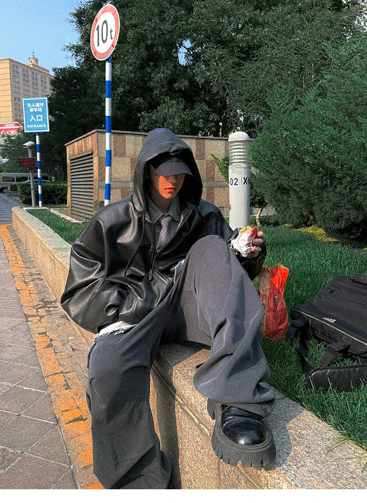 Men’s Oversized Hooded Faux Leather Jacket