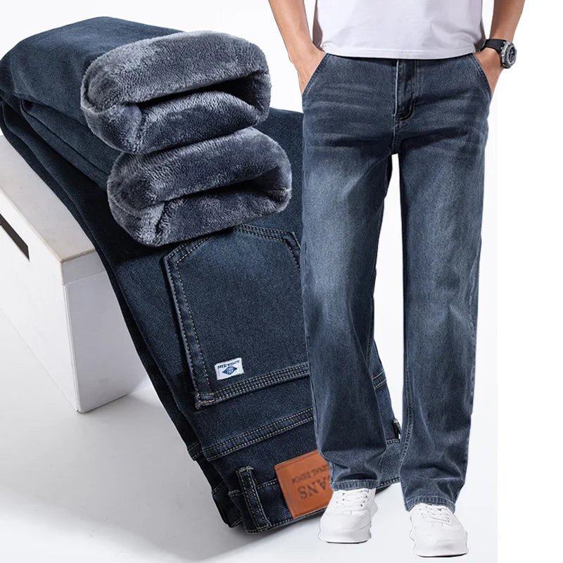 Men's Winter Fleece Thicken Lightweight Business Straight Leg Jeans Solid Color Versatile Slight Elastic Long Pants