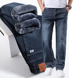 Men's Winter Fleece Thicken Lightweight Business Straight Leg Jeans Solid Color Versatile Slight Elastic Long Pants