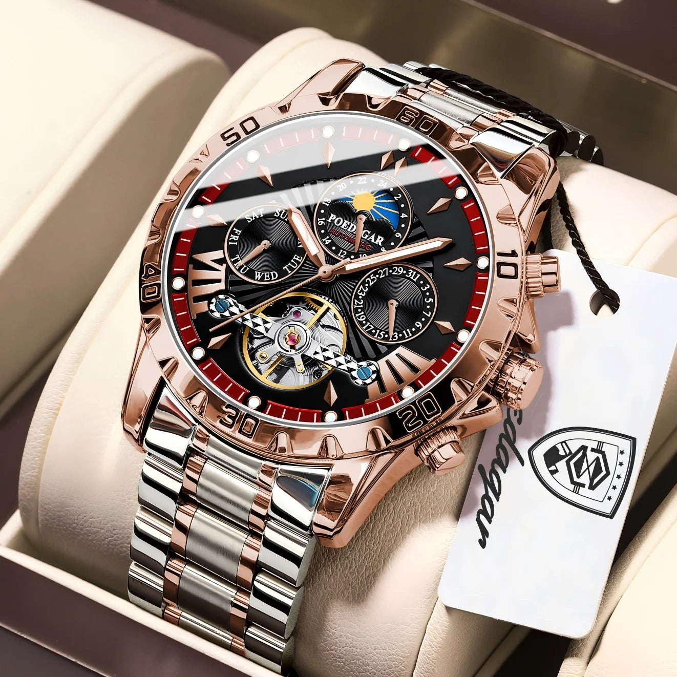 POEDAGAR Luxury Automatic Male Watch Date Week Luminous Waterproof Tourbillon Men Watch Leather Fashion Mechanical Men's Watches