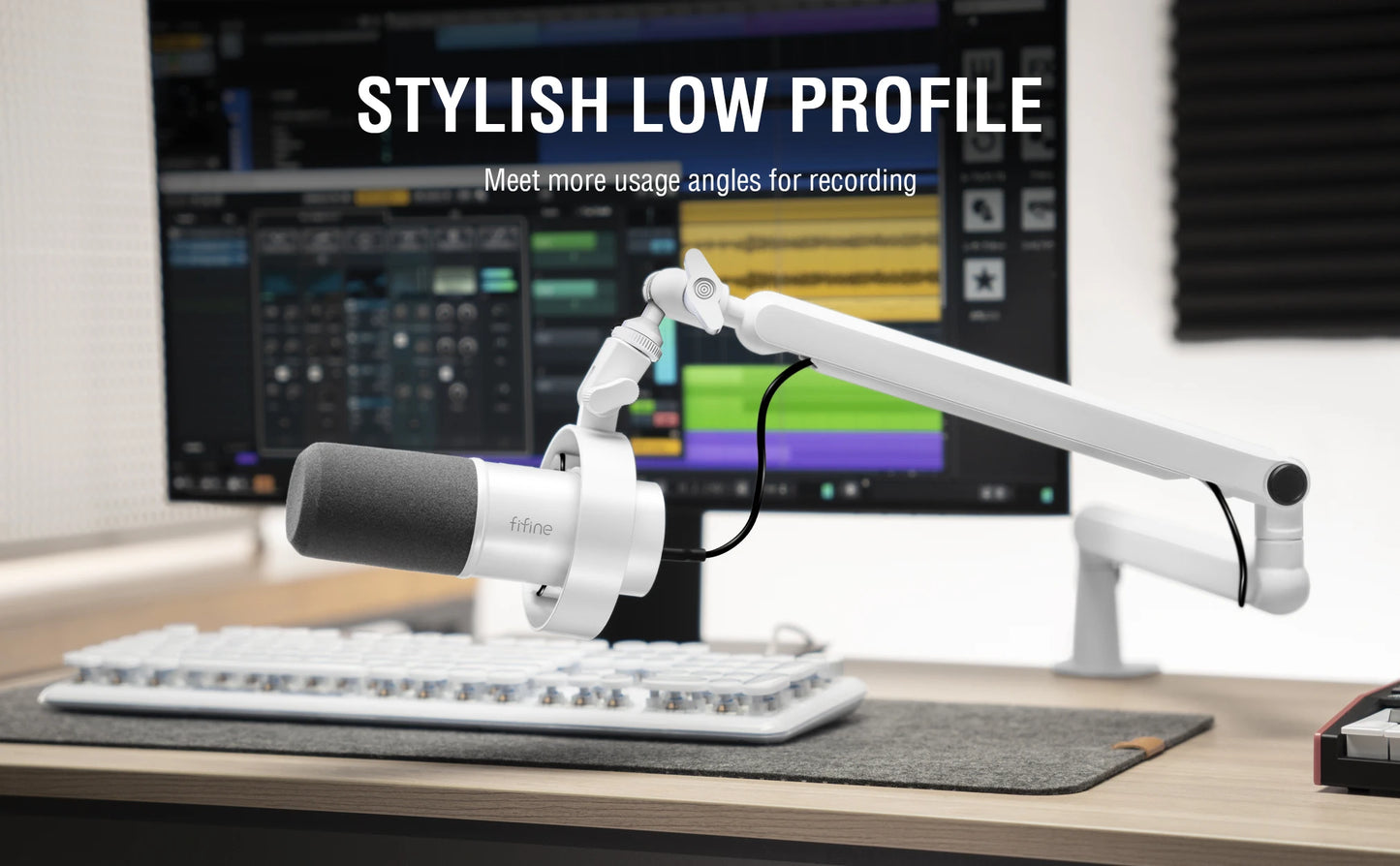 FIFINE Microphone Boom Arm, Adjustable Low Profile Mic Arm with Desk Mount Clamp,Cable Storage for Streaming Gaming-White BM88W