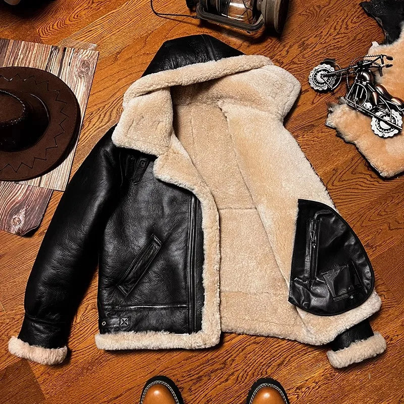 CC Shop Best.Mens High Quality 100% Natural Fur Jacket.Classic B3 Winter Warm Thick Leather Coat.100% Sheepskin with Wool.
