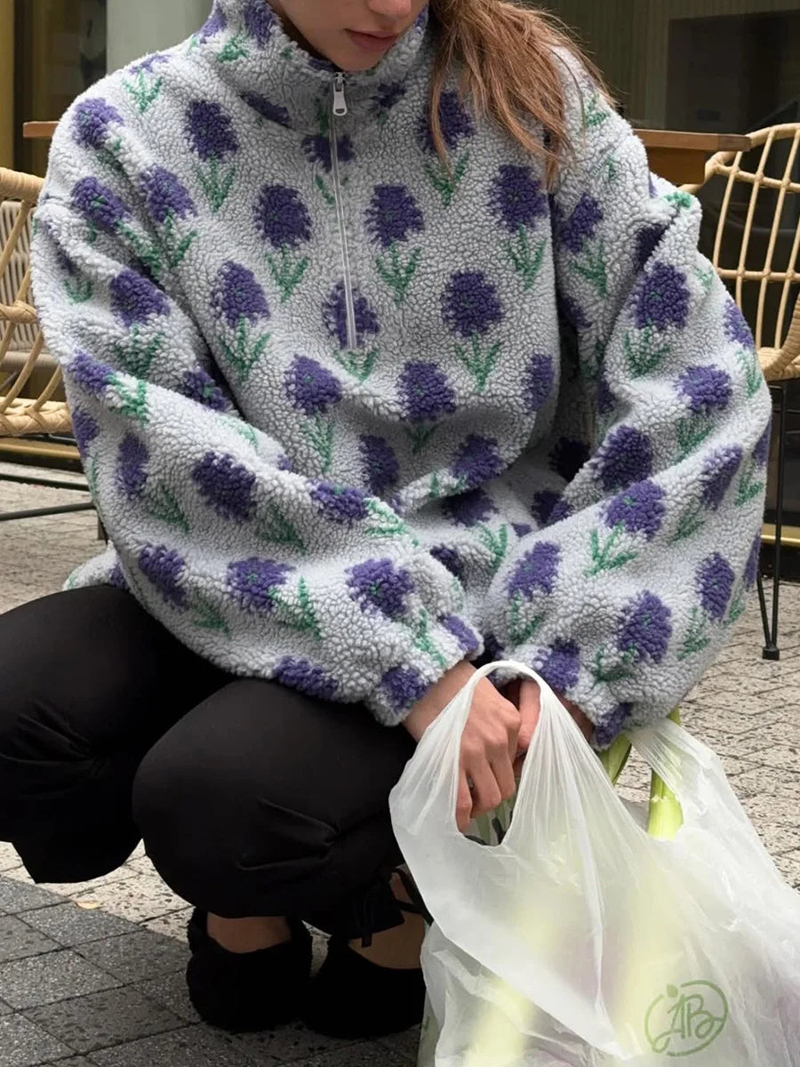 TARUXY Fleece Printing Sweatshirt Women's Half-Zip Sweatshirt Fleece Loose Turtleneck Pullover Female Winter Leisure Sweatshirt