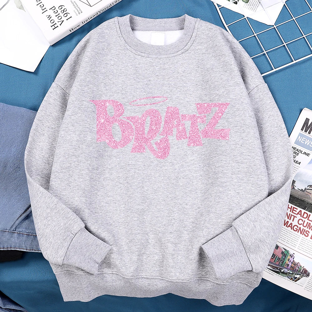 Pink Cartoon Letters Bratz Print Sweatshirts Mens Casual Fleece Clothes Creativity Warm Hoodie Autumn Loose Streetwear Pullover