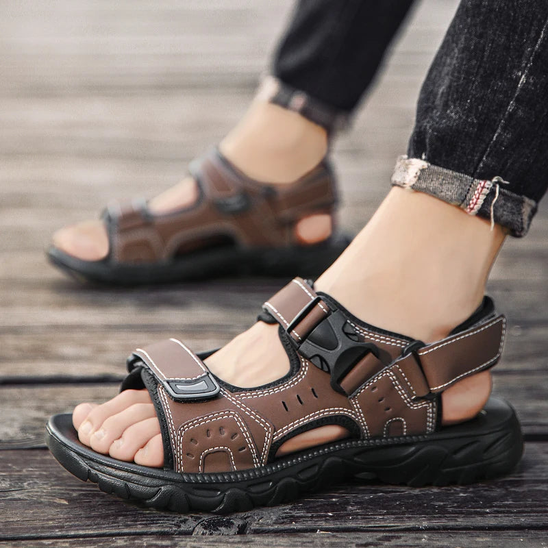 Summer Men Sandals PU Leather Lightweight Open Toe Flat Mens Casual Shoes Outdoor Walking Sandals for Men Beach Shoes Size 39-46