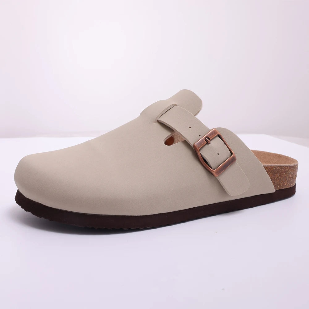 Evshine Men's Suede Clogs Fashion Leather Mules Cozy Footbed Slippers With Adjustable Buckle AntiSlip Cork Slippers Unisex Mules