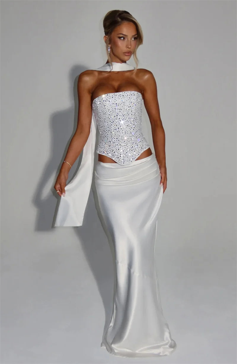 Mozision Sequins Sexy Dress Set Women Sparkle Scarf Collar Crop Tops And Maxi Skirt Elegant Club Party Satin Skirt Matching Set