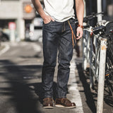 Maden Men's 14oz Raw Selvedge Denim Jeans Vintage Straight Fit Horsehide Leather Patch Paris Buckle Jeans for Autumn and Winter