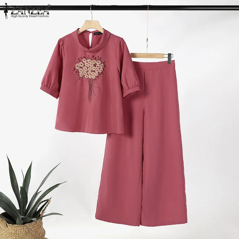 Floral Embroidery Linen-Style 2-Piece Set