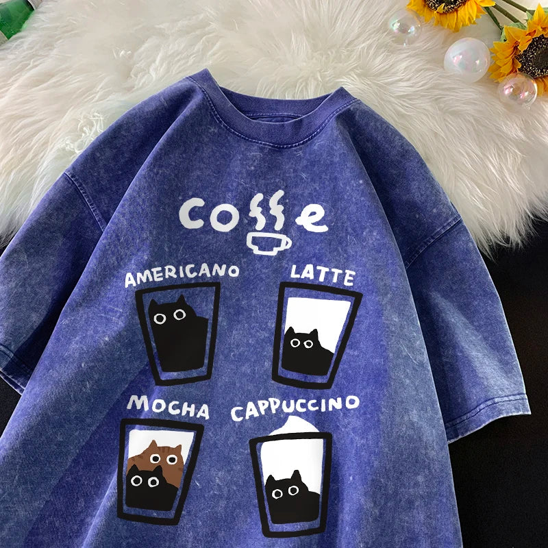 Retro Cat Graphic Cotton Tee – Unisex Harajuku Style