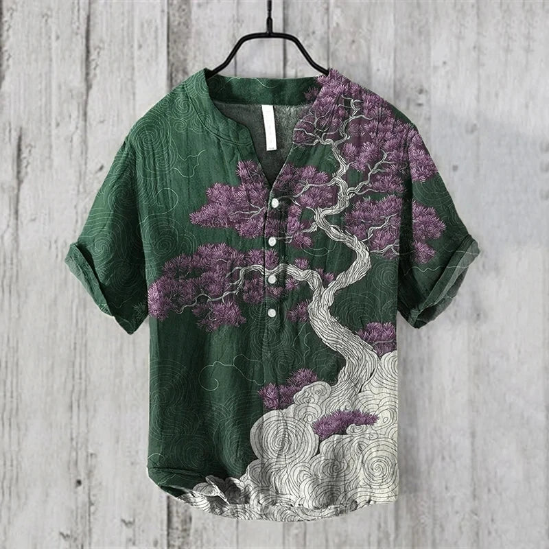 Men’s V-Neck Linen Blend Short Sleeve Shirt