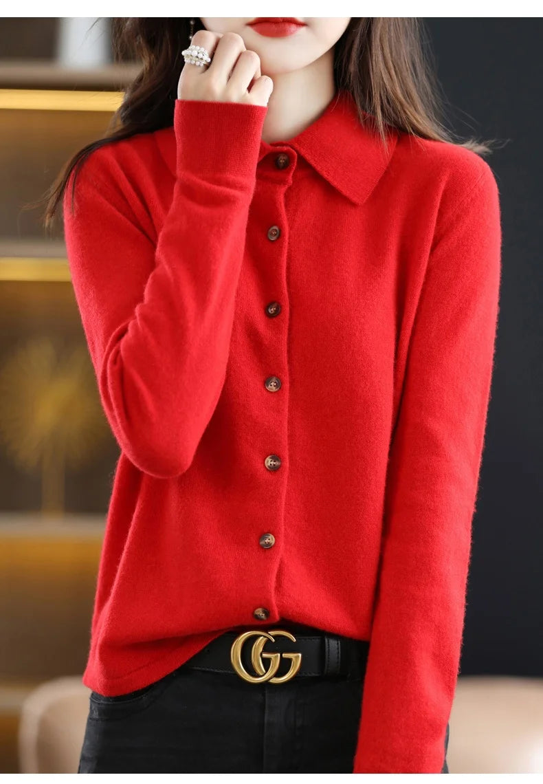 Polo Collar Spun Wool Cardigan – Elegant Single-Breasted Knit Jacket