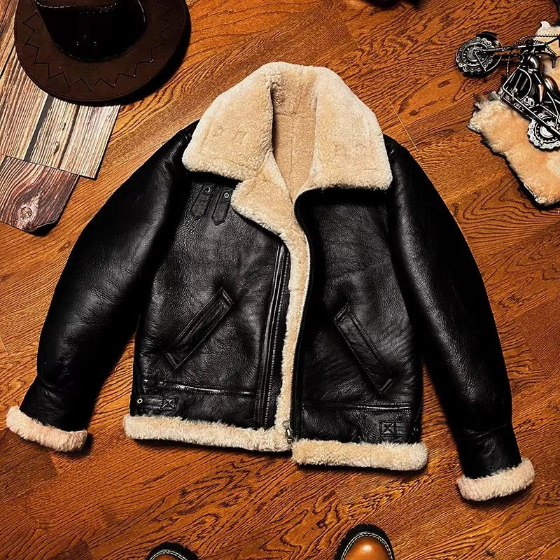 CC Shop Best.Mens High Quality 100% Natural Fur Jacket.Classic B3 Winter Warm Thick Leather Coat.100% Sheepskin with Wool.