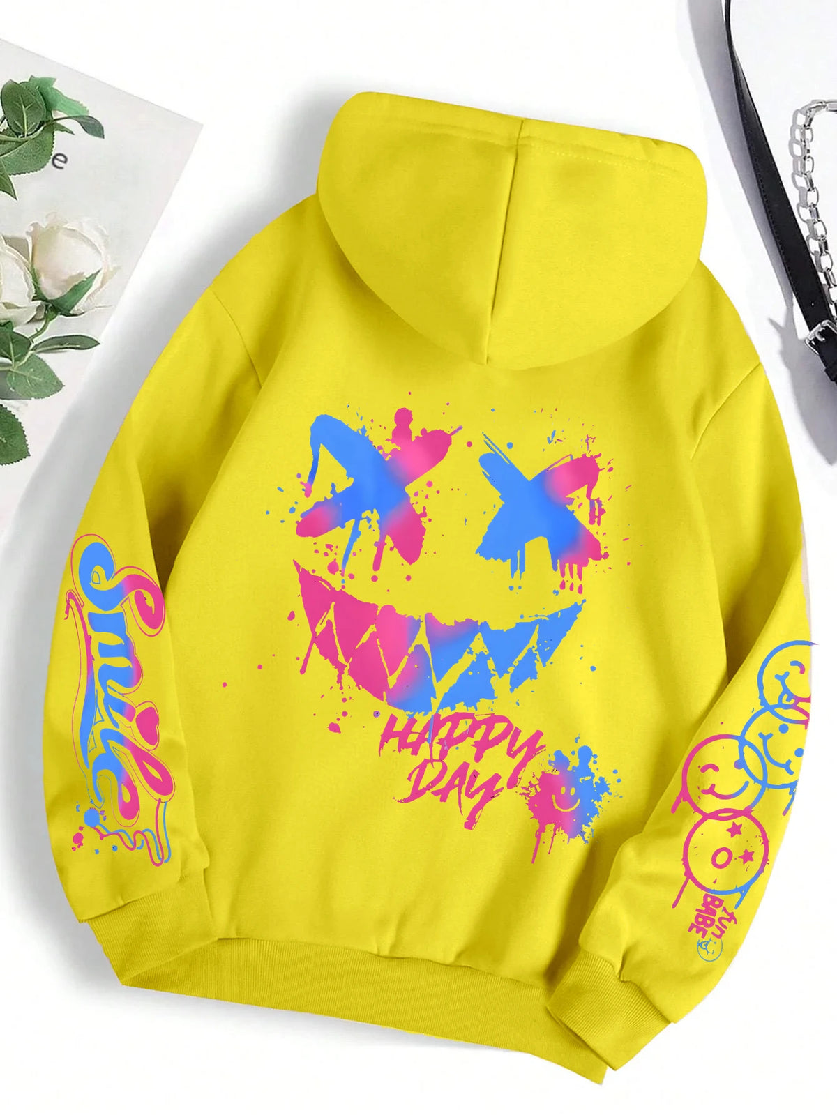 Happy Day Women's Oversized Graffiti Hoodie