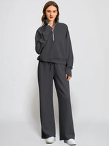 Woman Solid Color Half Zip Long Sleeve Sweatshirt and Wide Leg Pants Set Casual Sporty Two Piece Outfit