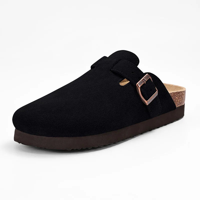 Evshine Men's Suede Clogs Fashion Leather Mules Cozy Footbed Slippers With Adjustable Buckle AntiSlip Cork Slippers Unisex Mules