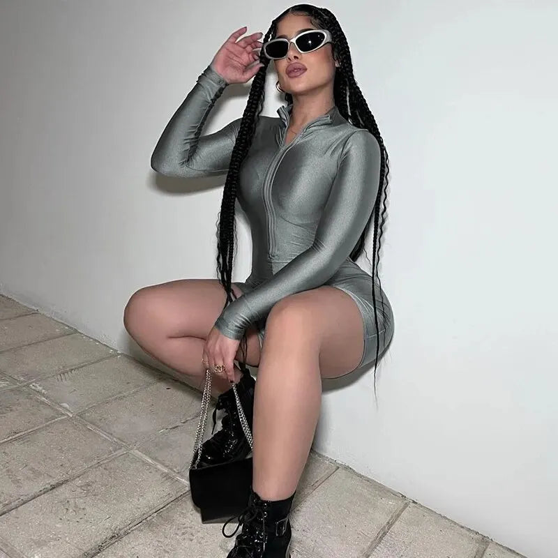 Long Sleeve Zip-Up Bodycon Romper