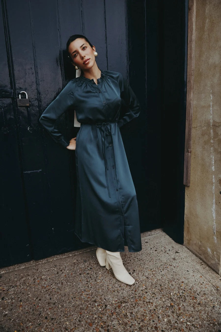 Elegant Ruffled-Neck Satin Dress