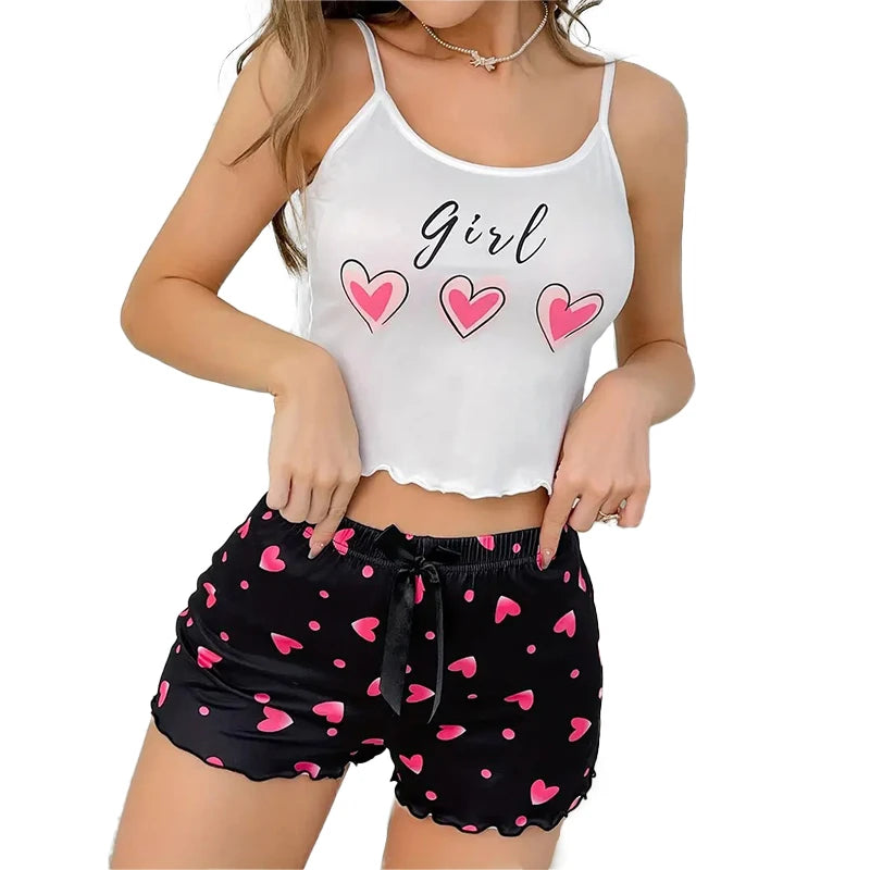 Pink Heart Print Camisole Pajama Set