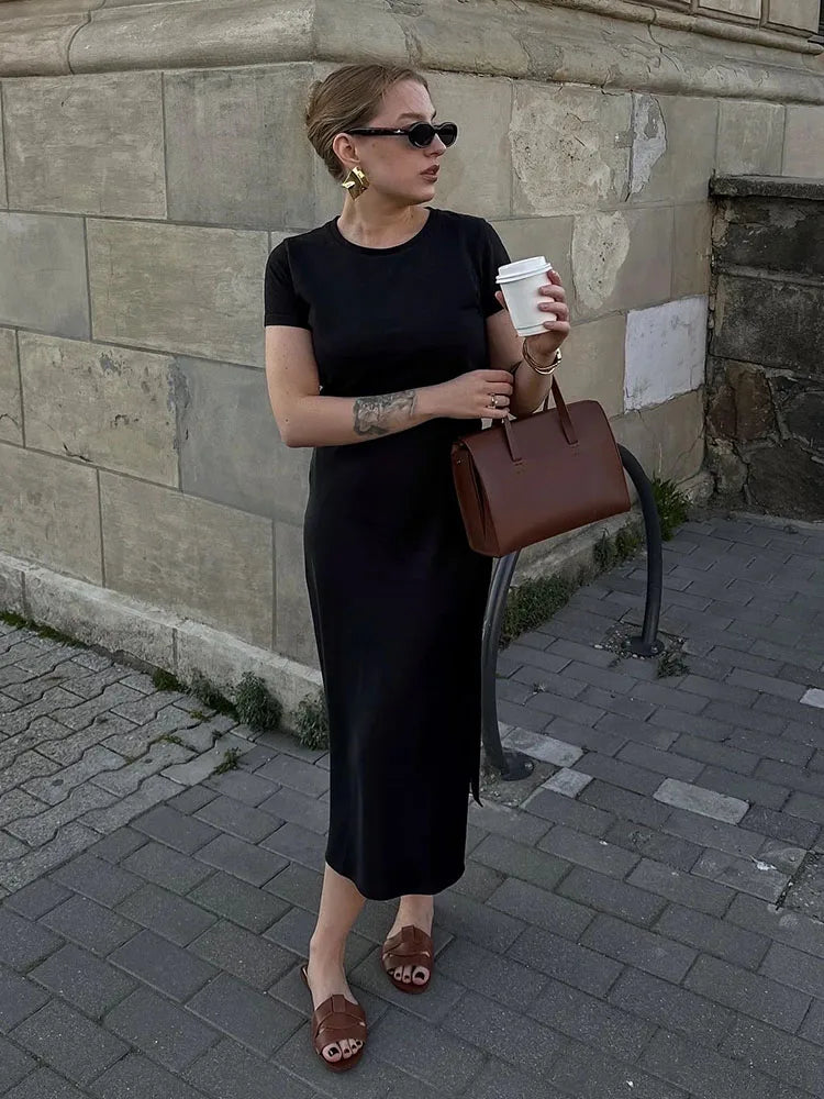 Women's Satin Midi Skirt – Elegant A-Line with Slit
