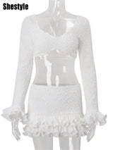 Shestyle Texture White Women 2 Piece Sets Autumn Ruffles Super Short Crop Tops V Neck Sheath Skirts Brand Design Party Outfits