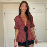 Vintage Fringed Fitted Shirts Women V Neck Short Sleeves Lace Up Ruffles Blouse Female 2026 Summer New Chic Fashion Tops Lady