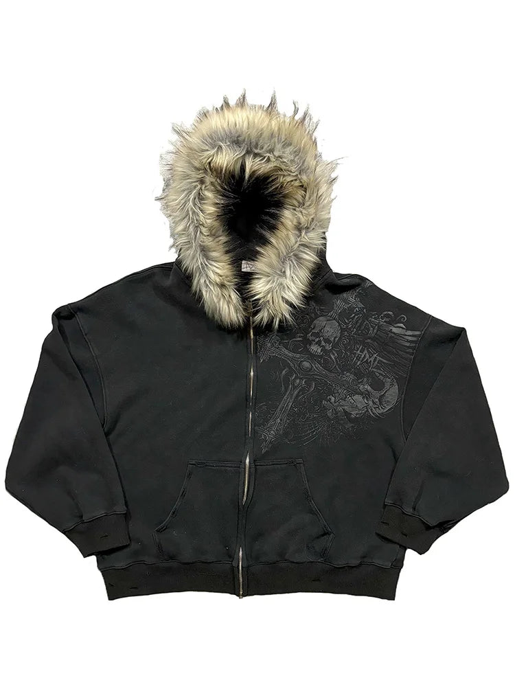 Y2K Aesthetic Faux Fur Zip-Up Hoodie