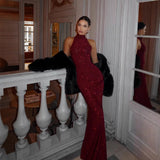 Elegant Red Sequin Sleeveless Maxi Gown