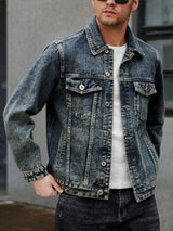 American style multi pocket denim jacket for men blue grey vintage washed loose fitting versatile trendy workwear jacket