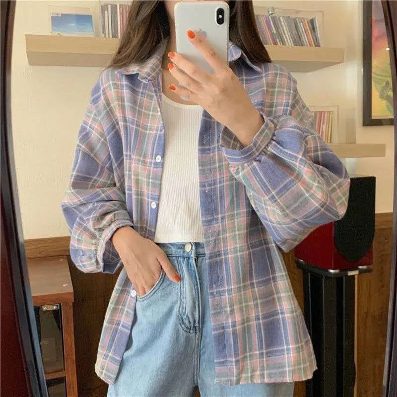 Vintage Plaid Long-Sleeve Blouse