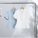 2026 Spring Summer Short Puff Sleeve Frog Button Shirt For Women Stand Collar  Single Breasted Blouse Lady Chic Street Party Top