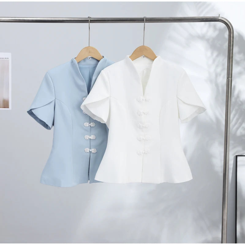 2026 Spring Summer Short Puff Sleeve Frog Button Shirt For Women Stand Collar  Single Breasted Blouse Lady Chic Street Party Top