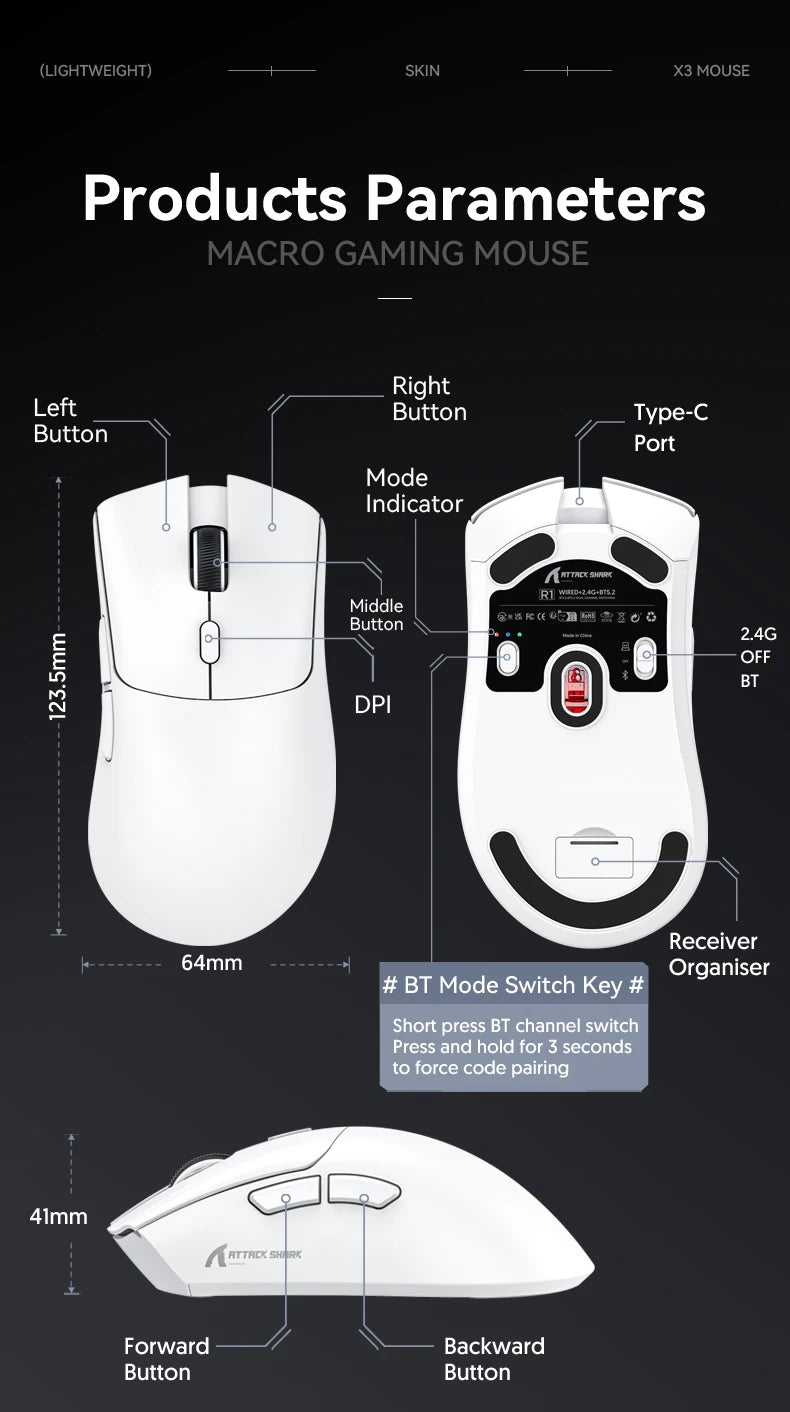 Lightweight ATTACK SHARK R1 Wireless Gaming Mouse Tri Mode 2.4G Bluetooth Wired RGB Ergonomic Programmable Mice For Laptop PC