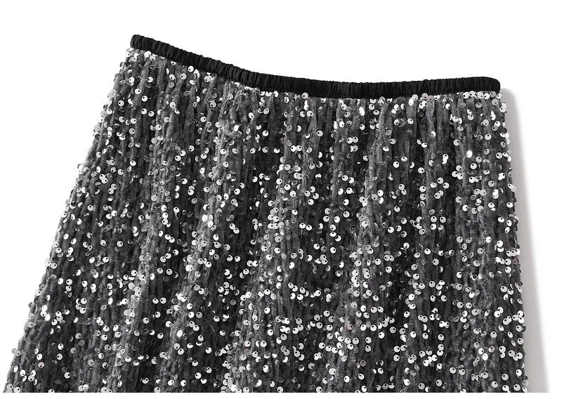 High Waisted Sequin Maxi Skirt Women Elegant Shiny Straight Skirts With Slit Summer Spring Black Long Sequin Skirt For Women