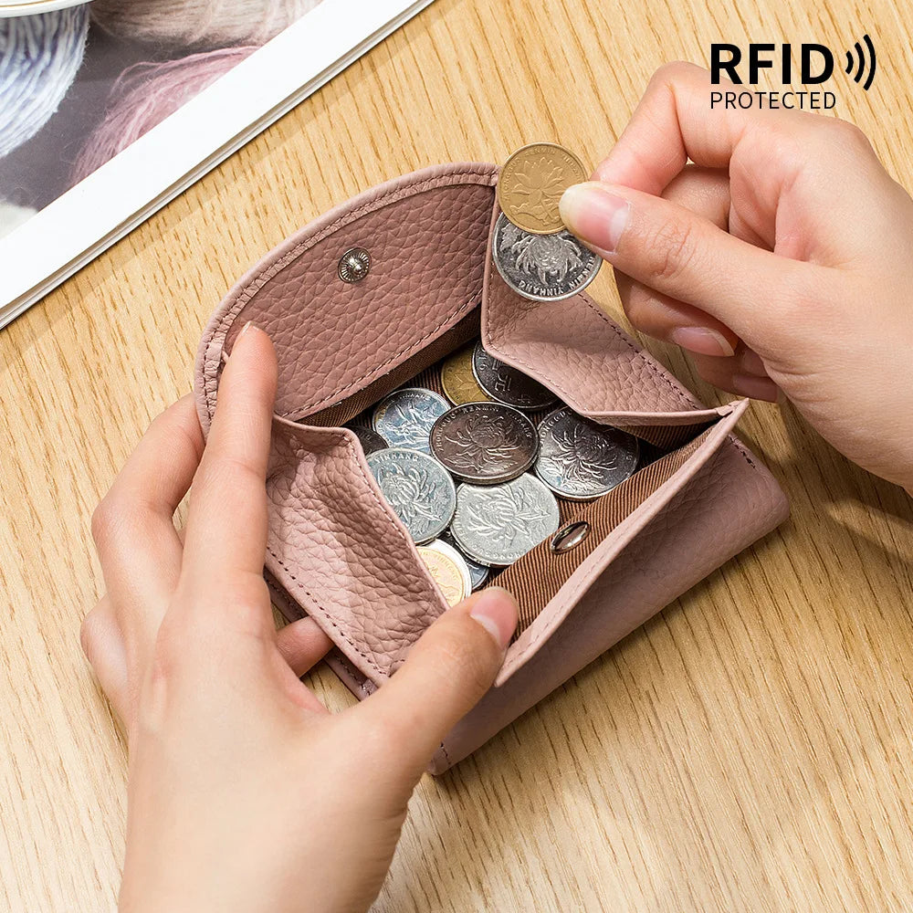 New Women Genuine Leather Mini Wallet RFID Folding Simple Ultra-thin Small Soft Cowhide Wallet Female Card Holder Coin Bags