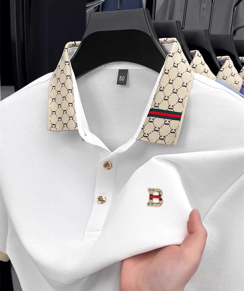B Letter Embossed Short Sleeve Polo Shirt for Men