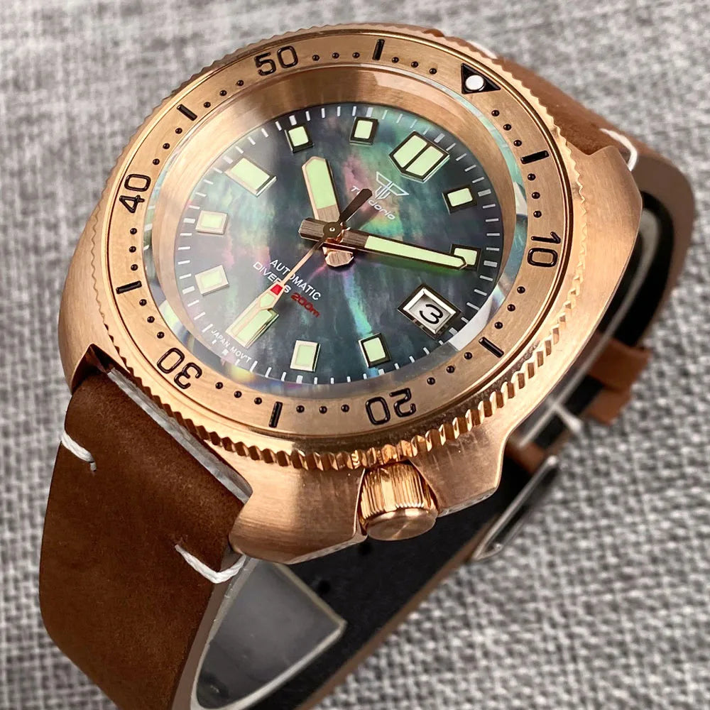 Mother of Pearl Material Green Luminous Dial CuSn8 Solid Bronze Turtle Sapphire Glass Diver Japan NH35 Watch 200m Waterproof