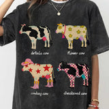 Cute Cartoon Cow Print T-Shirt Pure Cotton Washed Shoulder Round Neck Neutral Style Fashion Trend New High Quality Short Sleeves