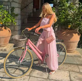 Women Floral Lace Sheer Layers Skirt Set Suspenders Ruffle Top High Waist Maxi Skirts 2026 Summer Beach Vacation Female Outfits