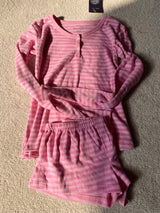 Pink Striped Long Sleeve T-shirt Shorts Set Woman Buttons Slim Tees+Elastic Straight Short Pant Cotton Home Pajama 2 Piece Sets