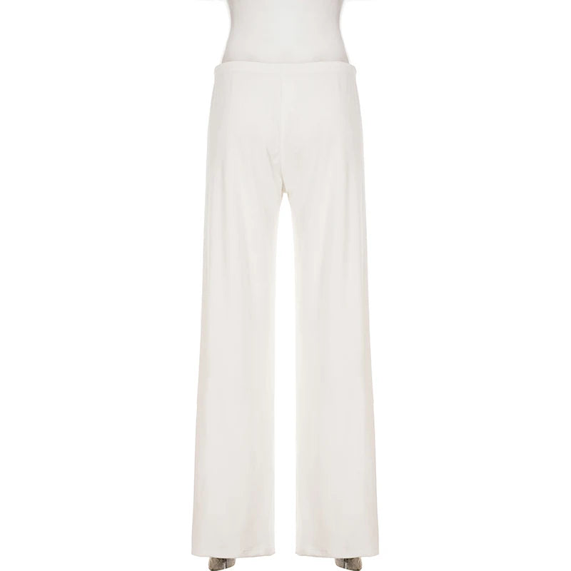 Basic Solid Low-Waisted Ribbed Knitted Pants Casual Loose Drawstring Wide Leg Pants Soft Comfy Lounge Wear Trousers Streetwear