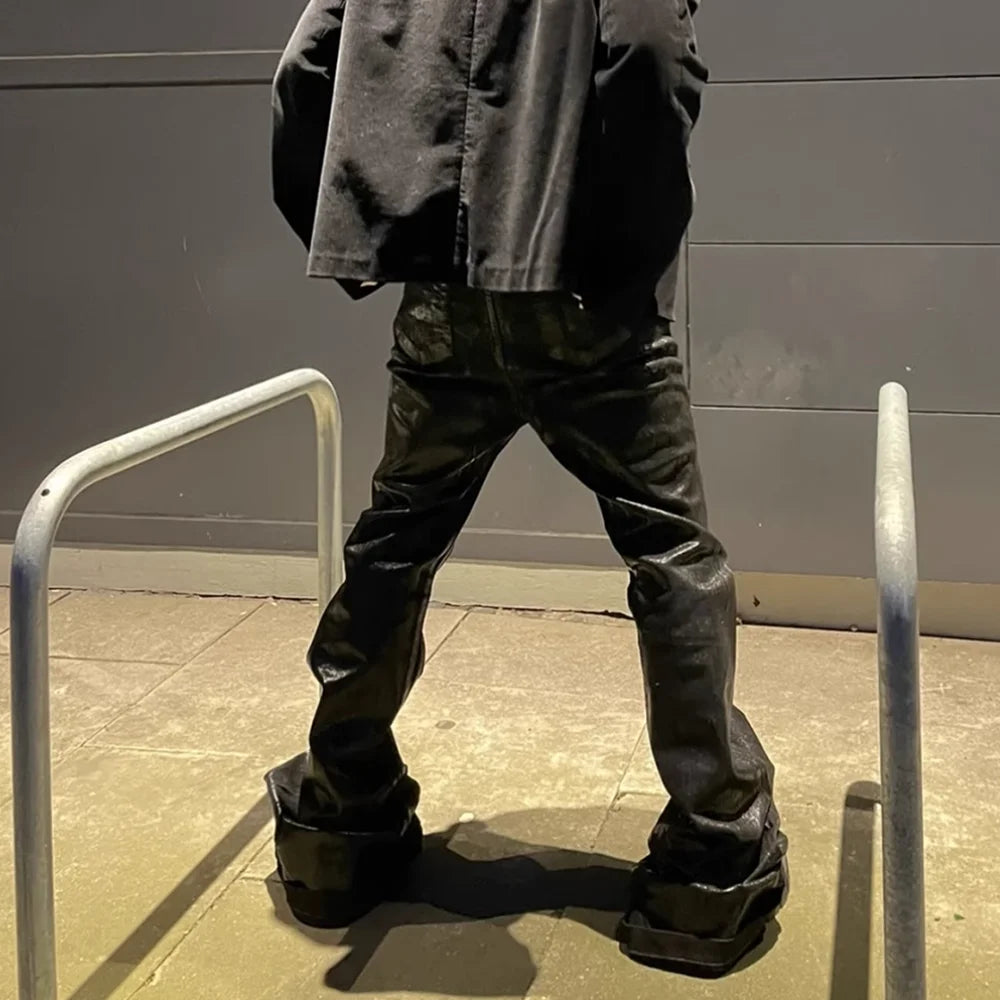 Black Waxed Leather Stretch Flare Jeans
